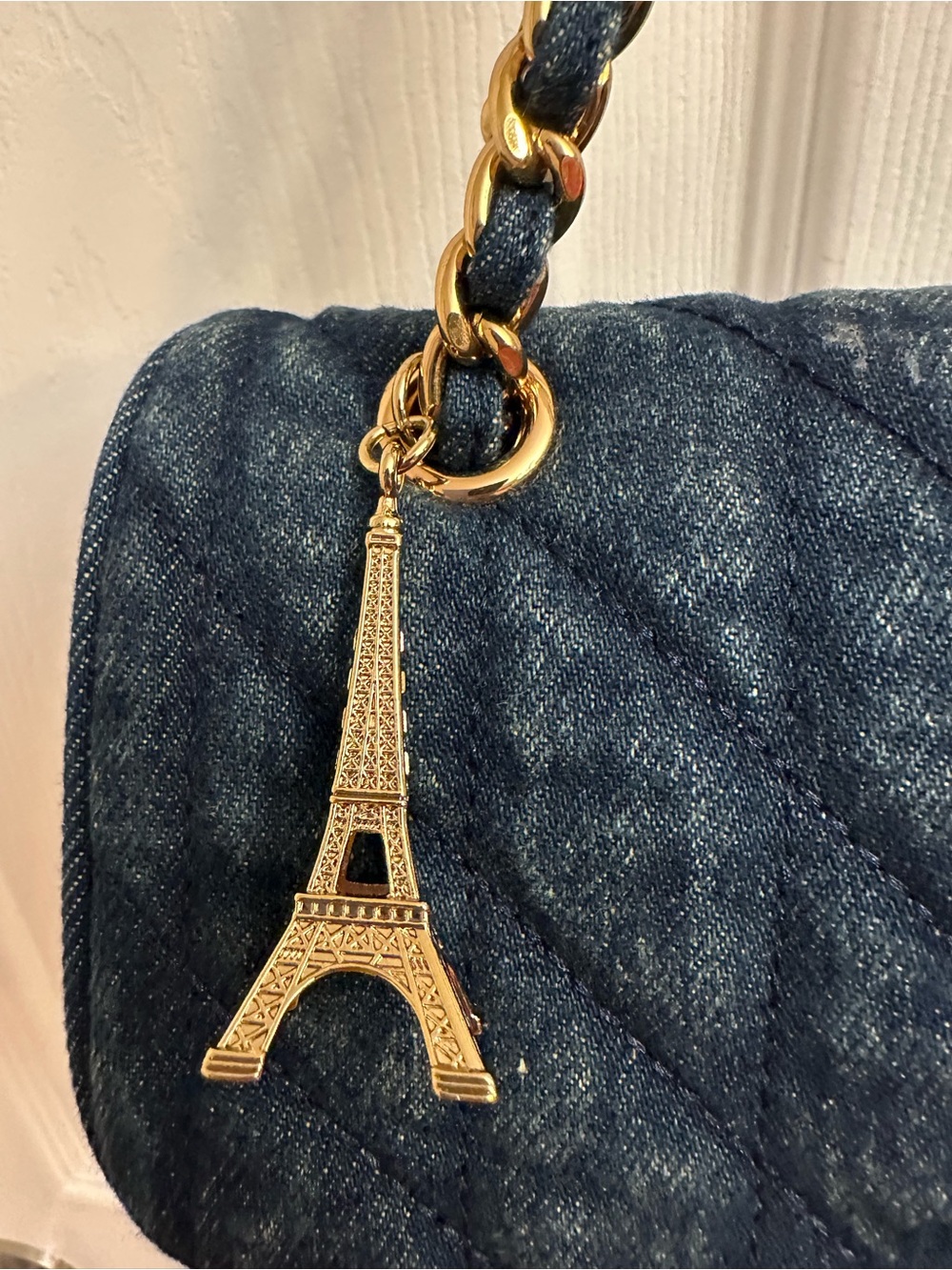 Karl Lagerfeld Quilted Blue Denim Chain Shoulder Bag with Eiffel Charm - Picture 4 of 16